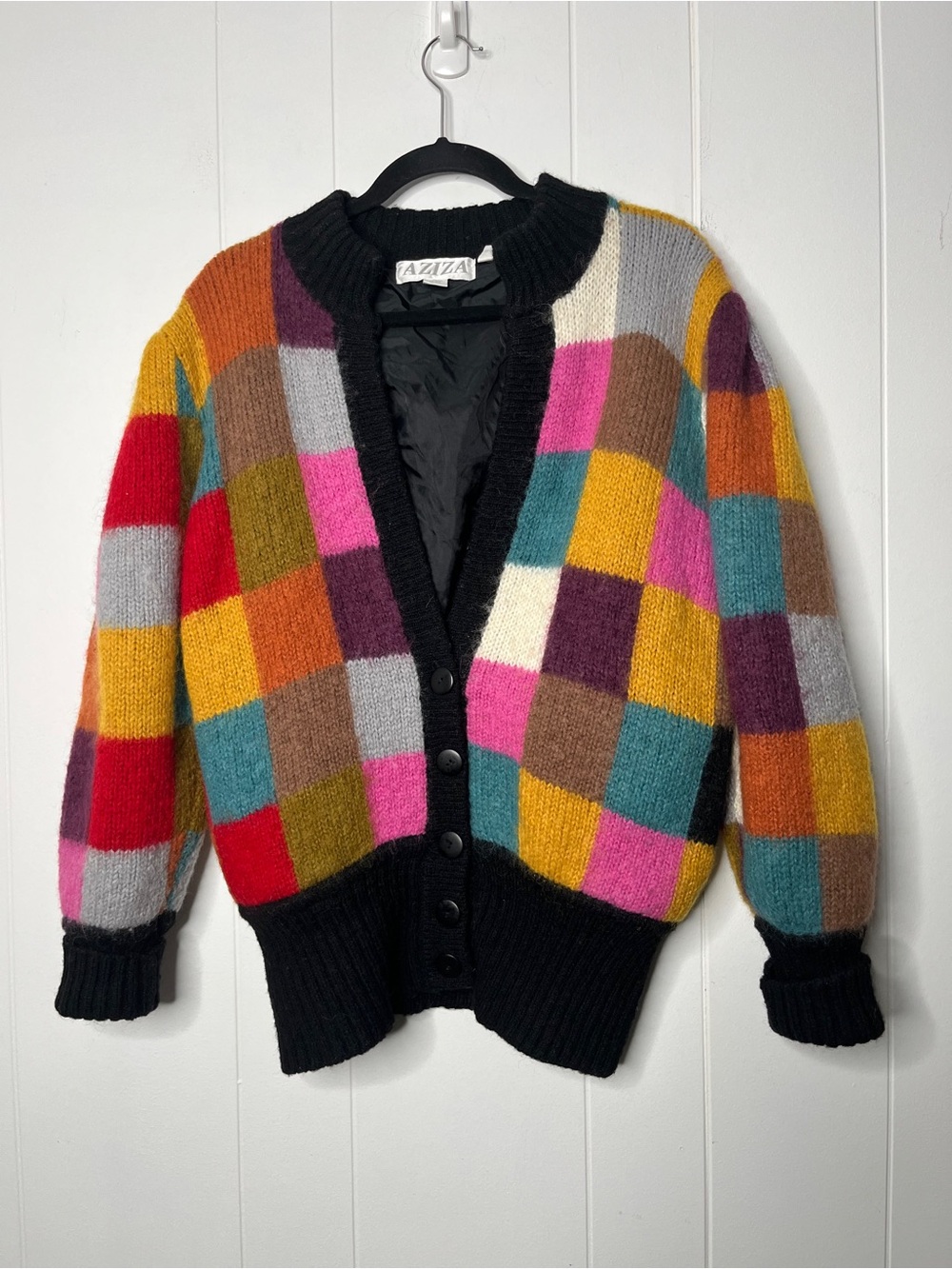 Vintage 80s AZIZA Multicolor Checkered Patchwork Wool Blend Cardigan Sweater